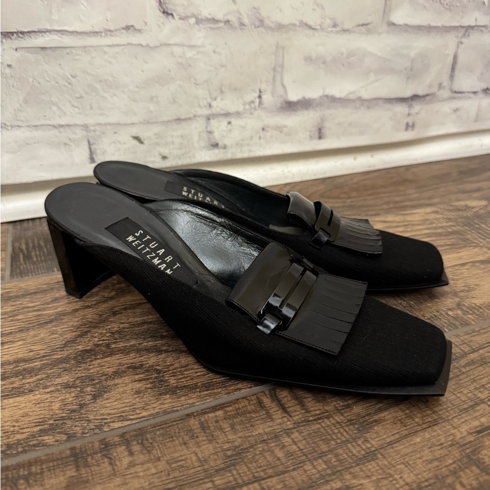 Stuart Weitzman Midway Black Tweed Mules 6.5M Patent Leather goth witchy